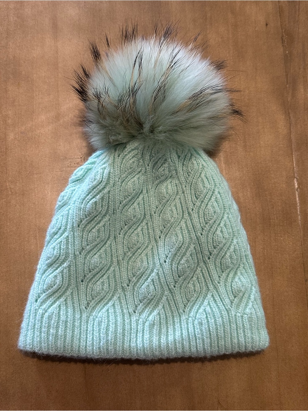 Light Mint Cable Knit Fur Pom Beanie